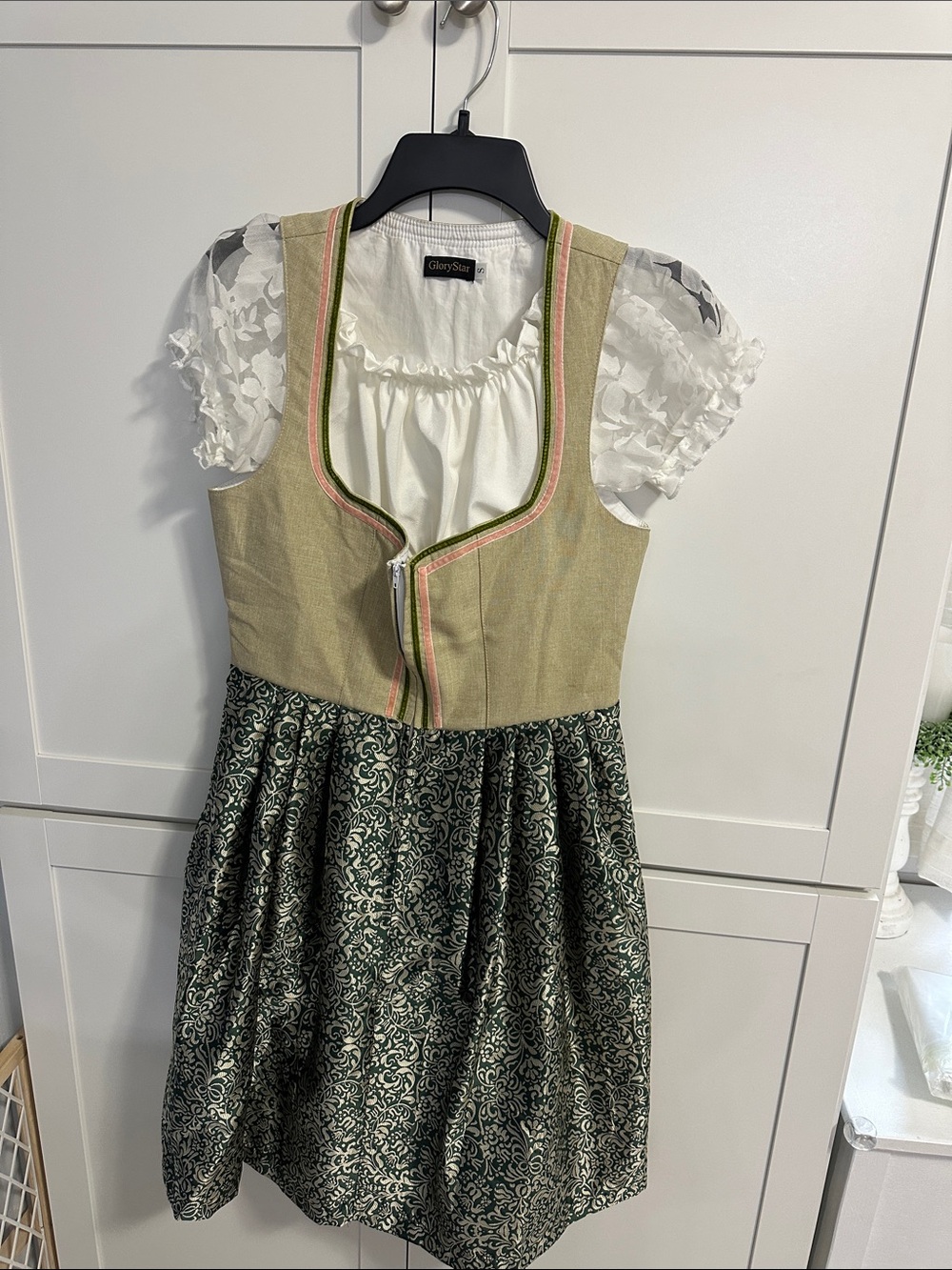 Green Patterned Dirndl Dress with White Blouse